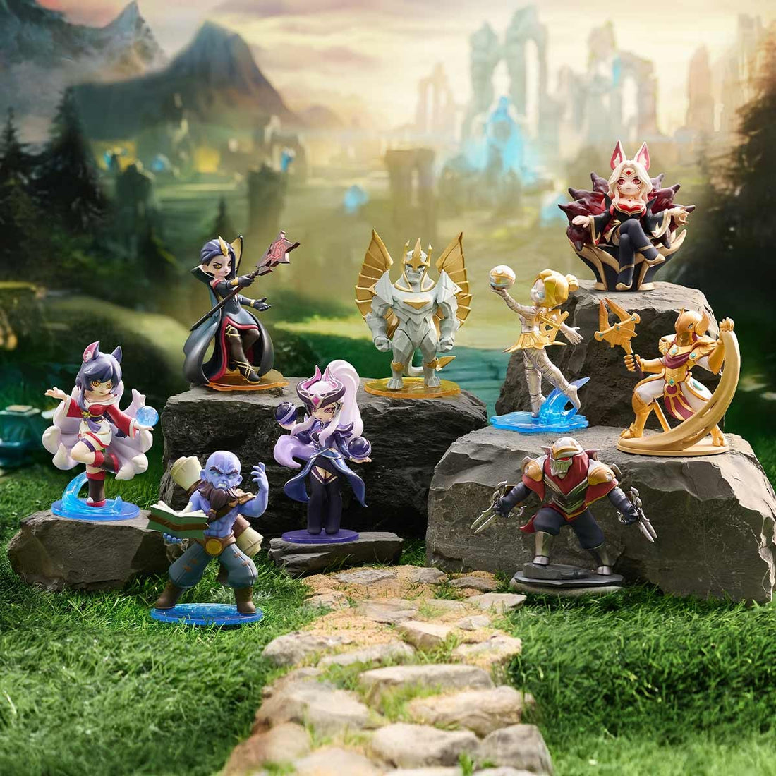 POP MART League of Legends Midlane Icons figures, including Ahri, Zed and Galio, displayed together in a scene