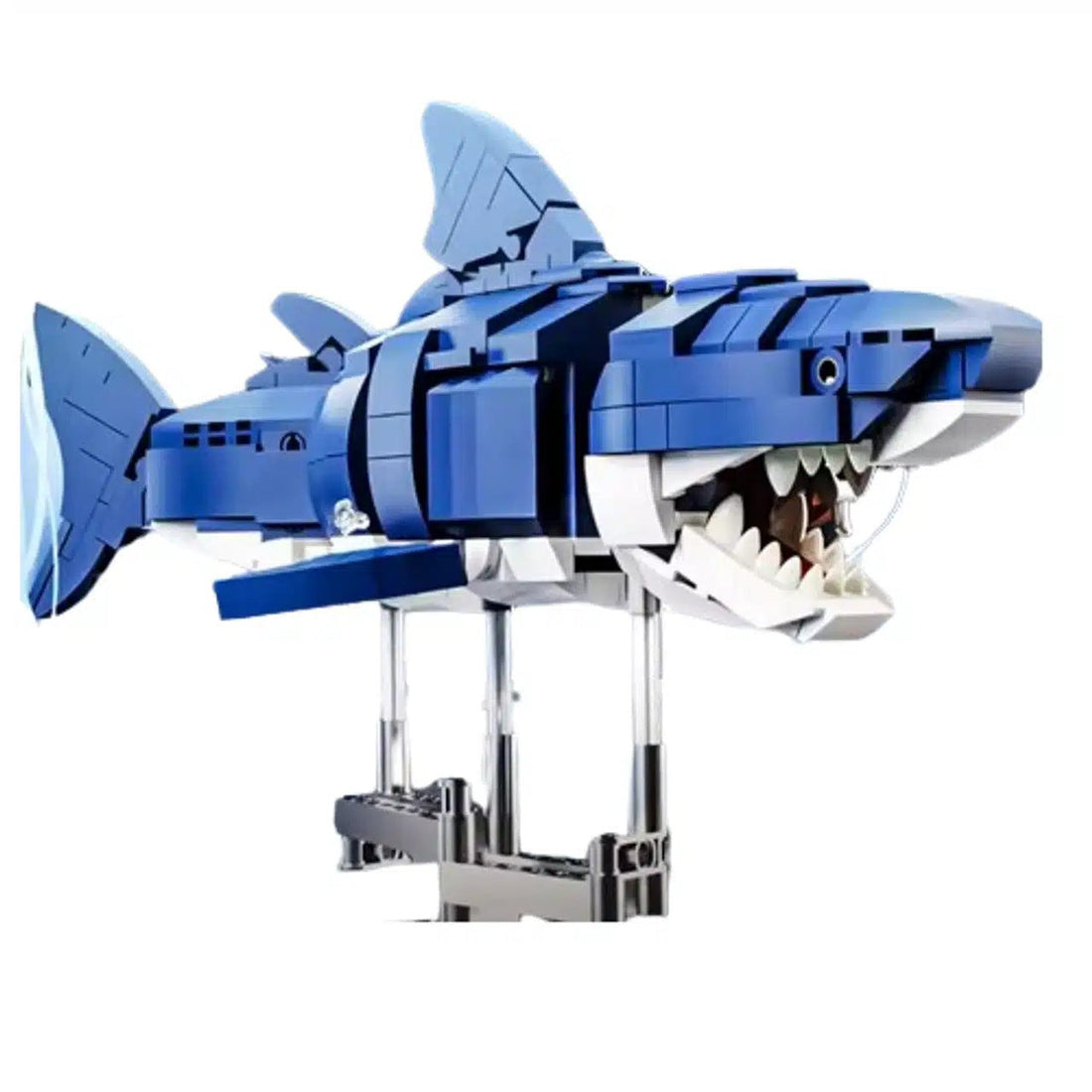 MJI 13054 Mechanical Shark, an assembled brick-built blue shark on its stand with open jaws