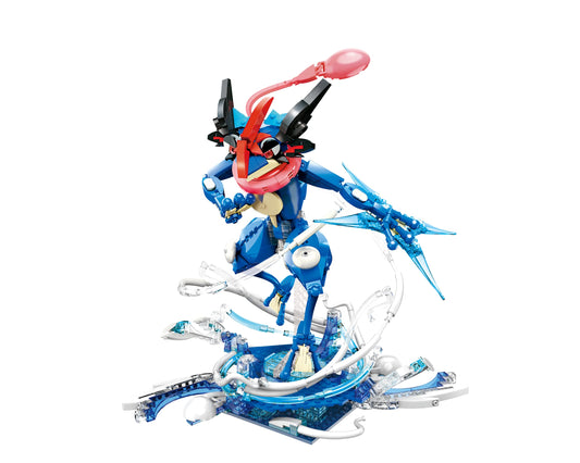 Keeppley K20215 Ash-Greninja, an assembled Pokémon building set with Greninja holding its Water Shuriken above a splash base