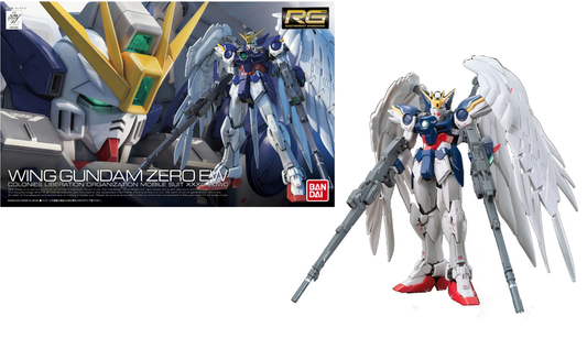 Bandai RG 1/144 Wing Gundam Zero EW, the assembled white angel-winged Gundam model kit shown with its box