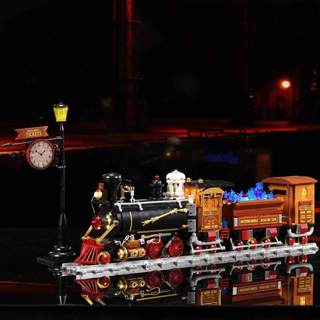 Kqiboxxr KQ302 Steam Age Ore Train, de gebouwde zwarte stoomlocomotief met ertswagon en brandende lampjes