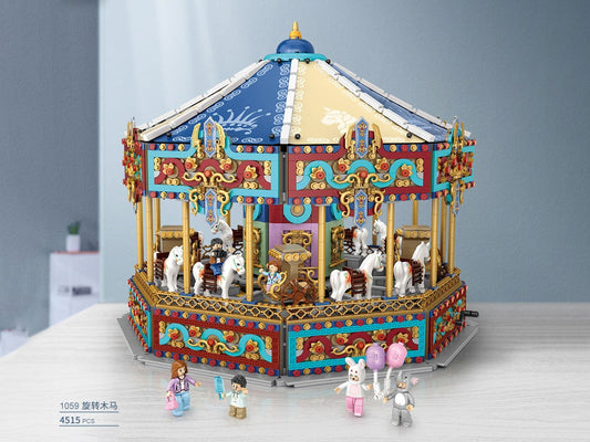 LOZ 1059 Karussell, ein fertig gebautes Jahrmarktkarussell aus Mini-Klemmbausteinen mit blau-goldenem Dach