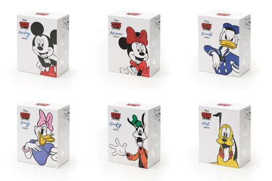 The six MGL Toys Disney Crystal Mickey & Friends figures: Mickey, Minnie, Donald, Daisy, Goofy and Pluto with their boxes