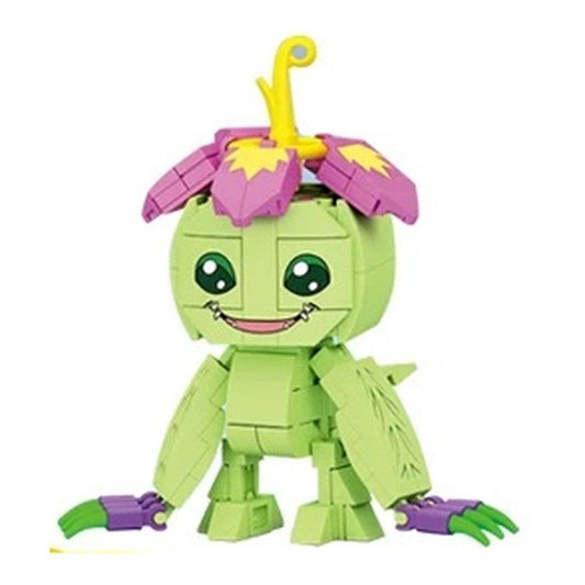 Sembo 609311 Palmon, eine fertig gebaute grüne Digimon-Figur aus Klemmbausteinen mit rosa Blüte auf dem Kopf