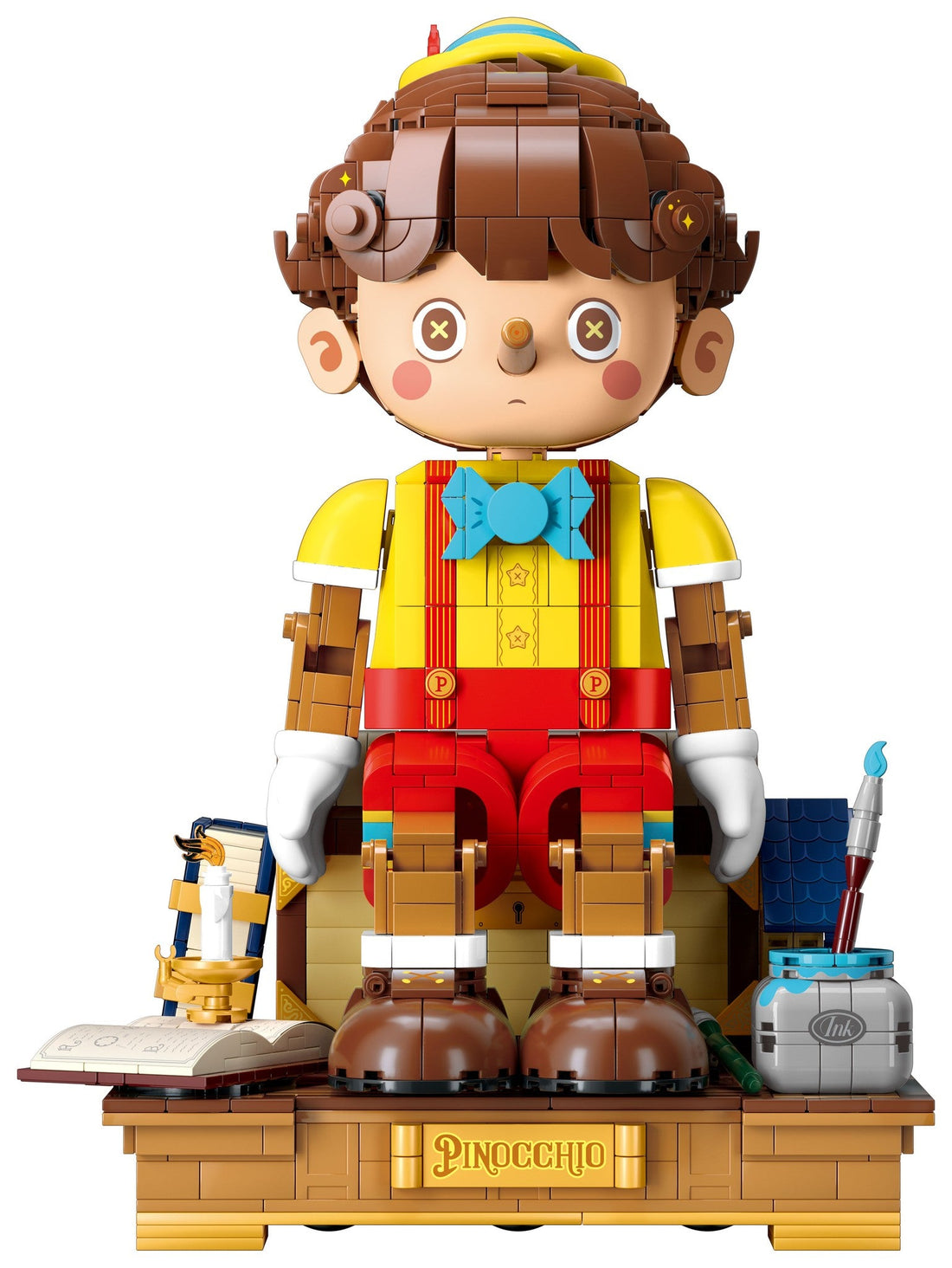 Wekki 506186 Pinocchio, een gebouwde Pinocchio van bouwstenen, zittend op de houten werkbank van Geppetto