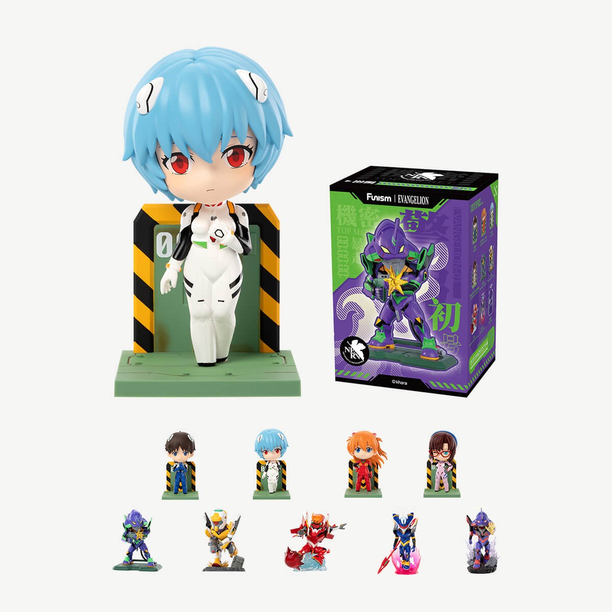 Funism EVANGELION Series Figures Vol. 1 blind box packaging with Rei Ayanami and the series figures