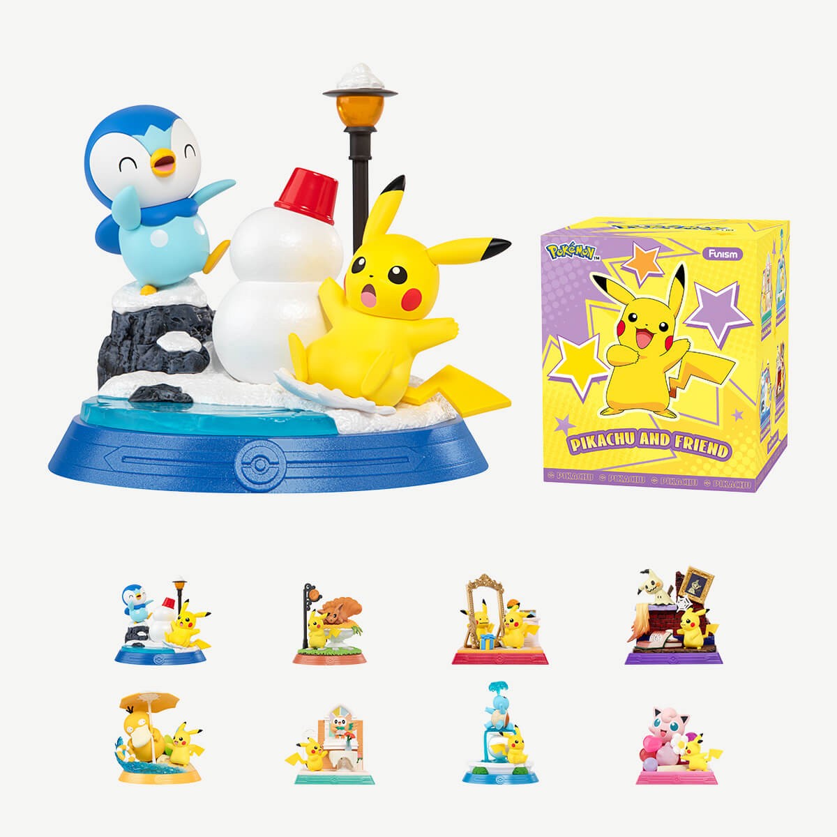 Funism Pokémon Pikachu and Friend Series – Pikachu and Piplup figure with the English-release box and the 8 series figures