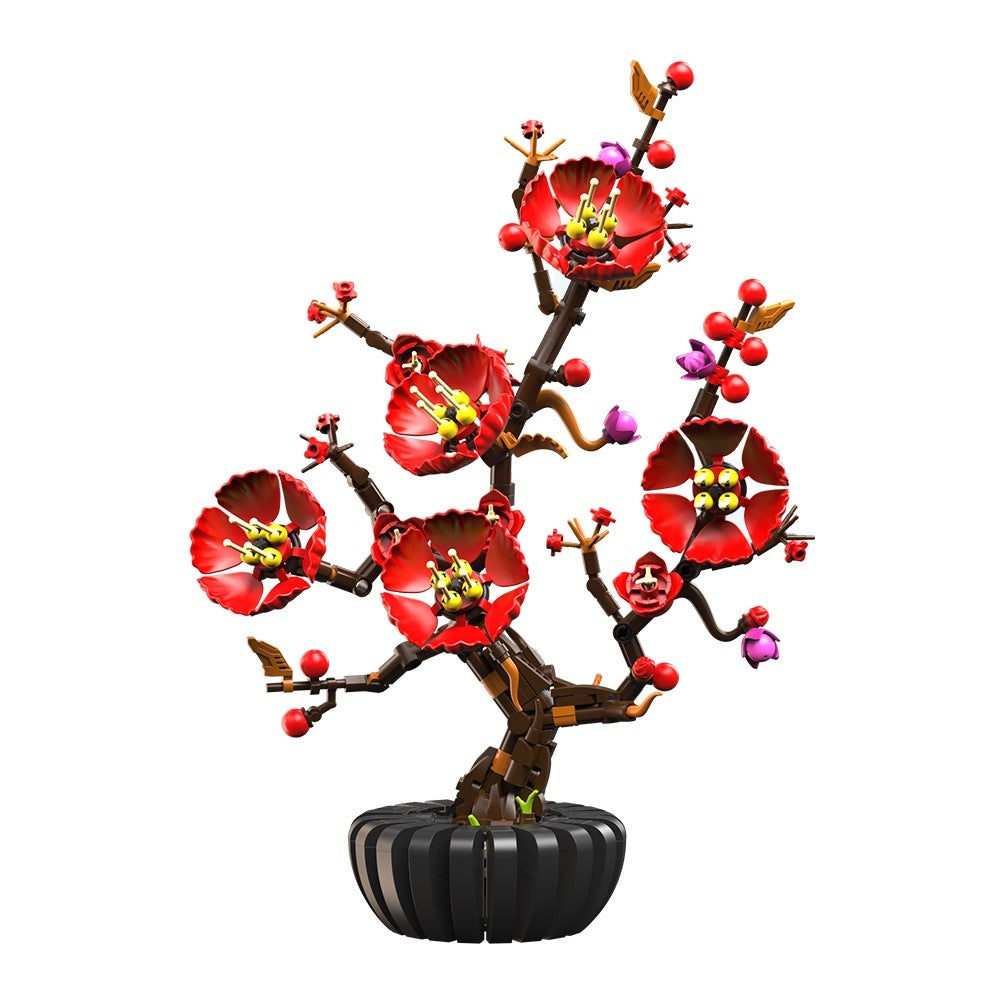 Plum Blossom Bonsai – MJI 13116 botanical building set – assembled plum blossom bonsai on a white background