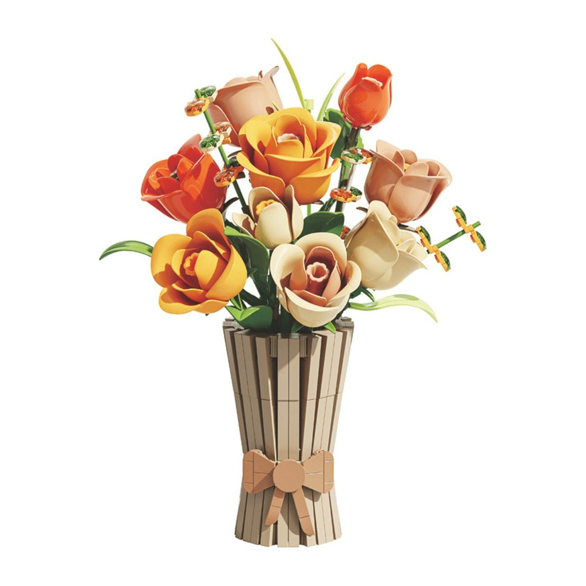 Gift-Bag Bouquet – MJI 13066 botanical building set – assembled autumn rose bouquet (orange, peach, cream roses) in tan slatted vase with bow on a white background