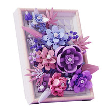 Golden Purple Flower Picture Frame – MJI 13063 botanical building set – assembled purple/pink flower picture frame (Golden Purple), angled view on a white background