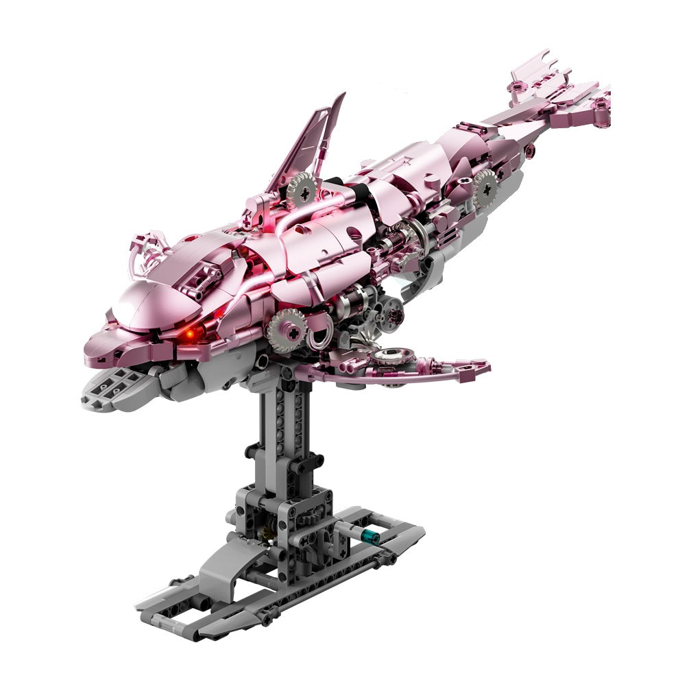 Mechanical Pink Dolphin – MJI 13098 motorised building set – assembled pink dolphin on its stand on white background