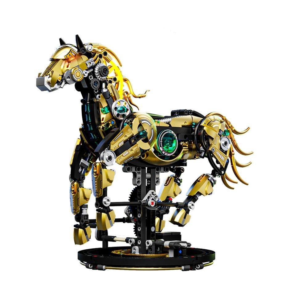 Mechanical Horse – MJI 13088 motorised building set – assembled mechanical horse (gold/black) on its round base, on a white background