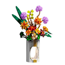Half-Tilt Opulence Bouquet – MJI 13037 botanical building set – assembled bouquet (purple allium, orange/yellow flowers) in white light-up vase, on a white background