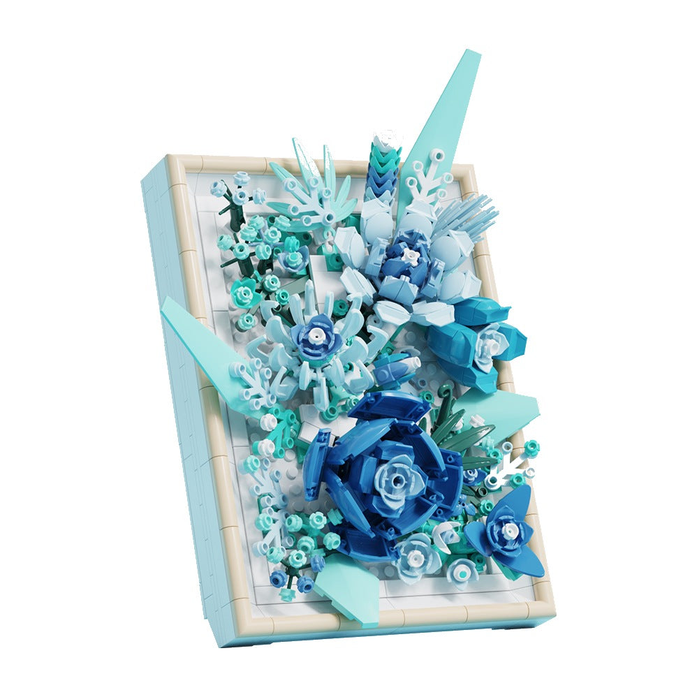 Vast Glaze Flower Picture Frame – MJI 13060 botanical building set – assembled blue flower picture frame (Vast Glaze), angled view, on a white background