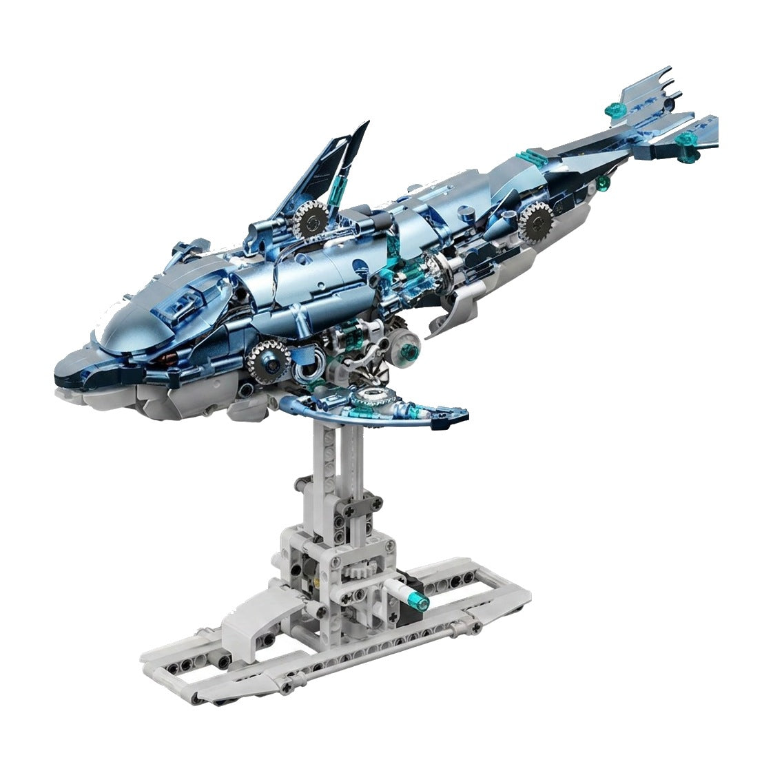 Mechanical Blue Dolphin – MJI 13099 motorised building set – assembled blue dolphin on its stand on white background