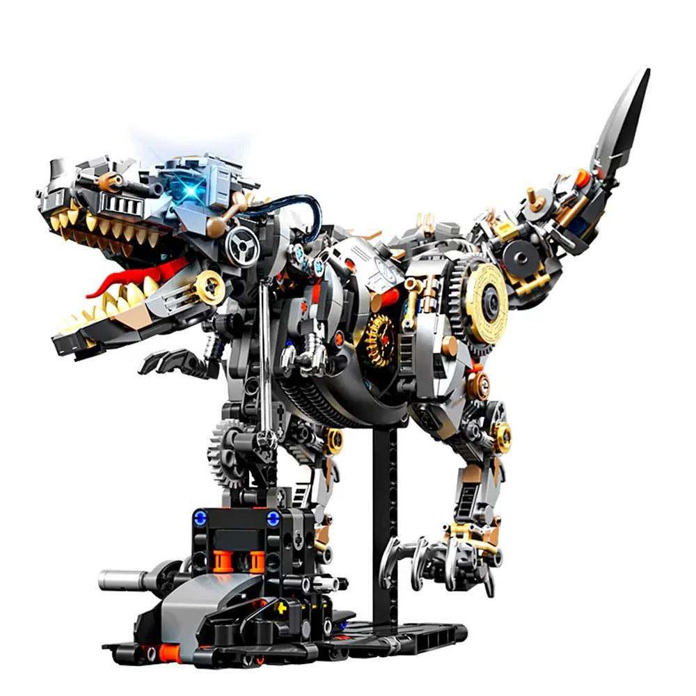 Mechanical Tyrannosaurus – MJI 13087 motorised building set – assembled mechanical T-rex on its black stand, on a white background
