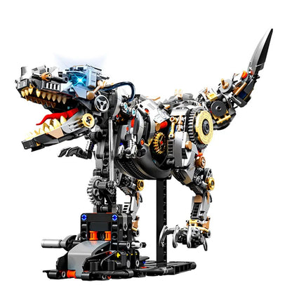 Mechanical Tyrannosaurus – MJI 13087 motorised building set – assembled mechanical T-rex on its black stand, on a white background