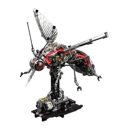 Mechanical Mosquito – MJI 13104 motorised building set – assembled mechanical mosquito (red/black, clear wings) on its stand, on a white background
