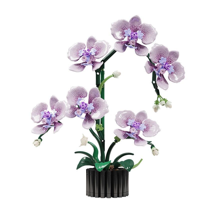 Butterfly Phalaenopsis Orchid – MJI 13115 botanical building set – assembled lavender and white orchid in its black pot on white background
