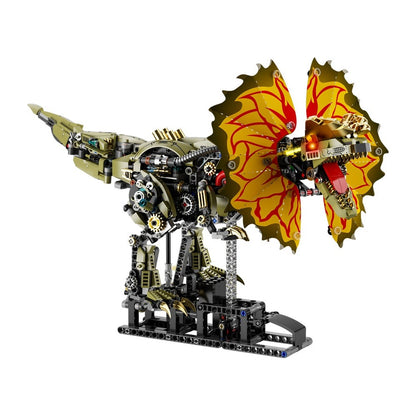 Mechanical Dilophosaurus – MJI 13101 motorised building set – assembled mechanical dilophosaurus with red/yellow neck frill on its stand, on a white background