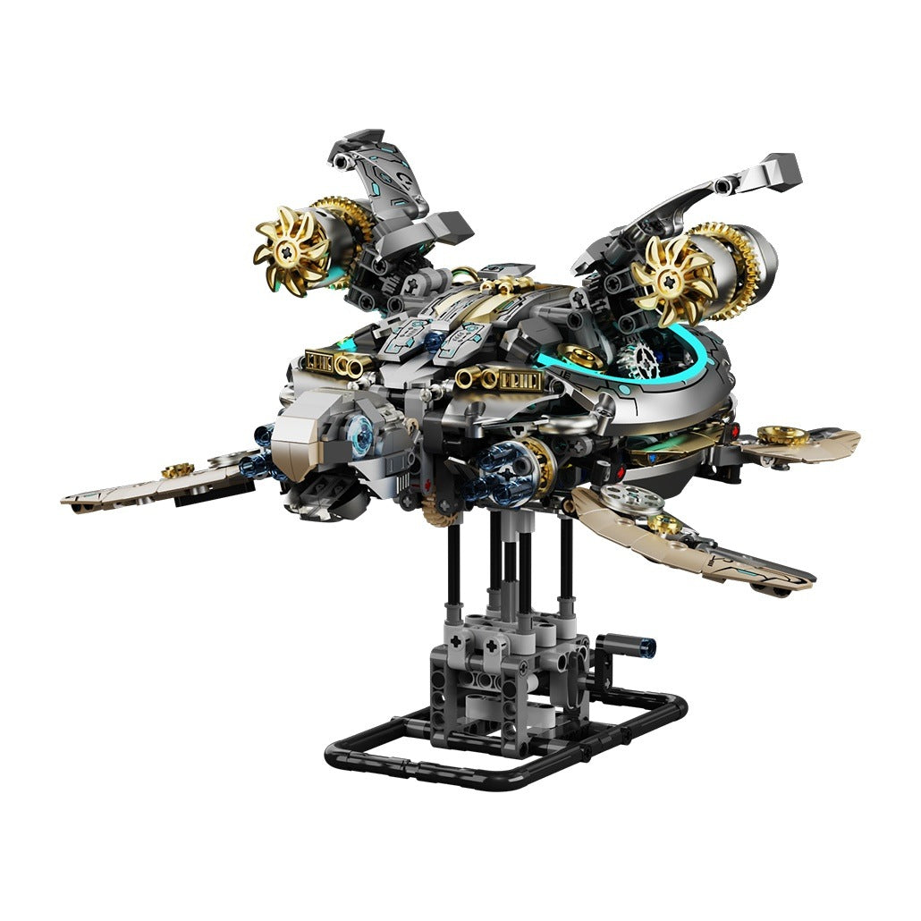 Mechanical Sea Turtle – MJI 13097 motorised building set – assembled mechanical sea turtle on its stand, on a white background