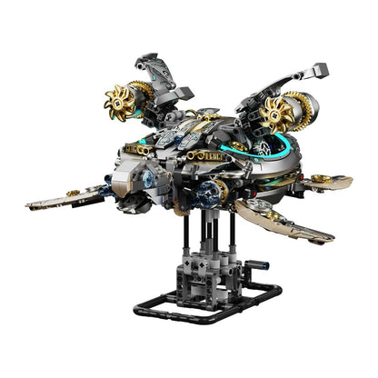 Mechanical Sea Turtle – MJI 13097 motorised building set – assembled mechanical sea turtle on its stand, on a white background
