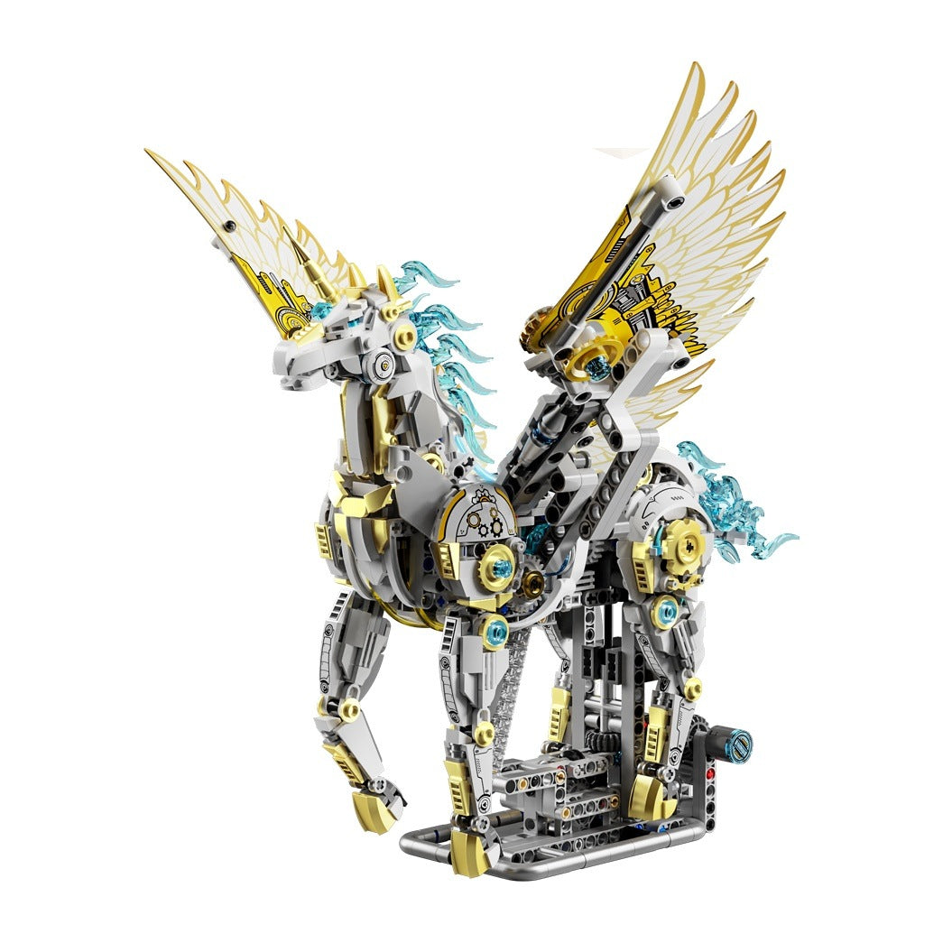 Mechanical Unicorn – MJI 13106 motorised building set – assembled mechanical winged unicorn (silver/gold, blue mane) on its stand, on a white background