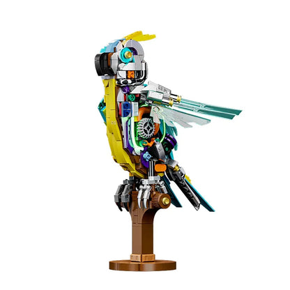 Mechanical Parrot – MJI 13052 motorised building set – assembled mechanical parrot (blue/yellow skin side) on brown perch stand, on a white background