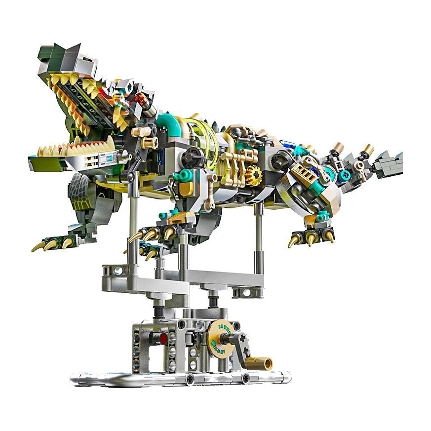 Mechanical Crocodile – MJI 13056 motorised building set – assembled mechanical crocodile on its stand, on a white background