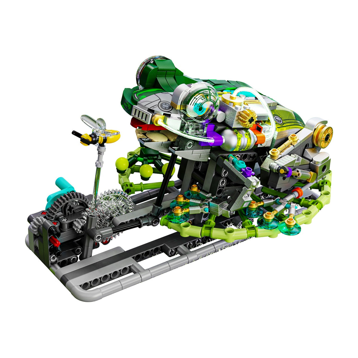 Semi-Mechanical Frog – MJI 13058 motorised building set – assembled frog on its crank base, mechanical side, on white background