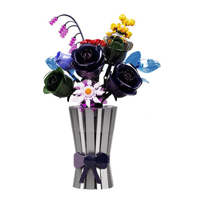Fantasy Night Glaze Bouquet – MJI 13039 botanical building set – assembled bouquet (navy/green roses, white-purple daisy, yellow and purple sprays) in striped grey vase with bow, on a white background