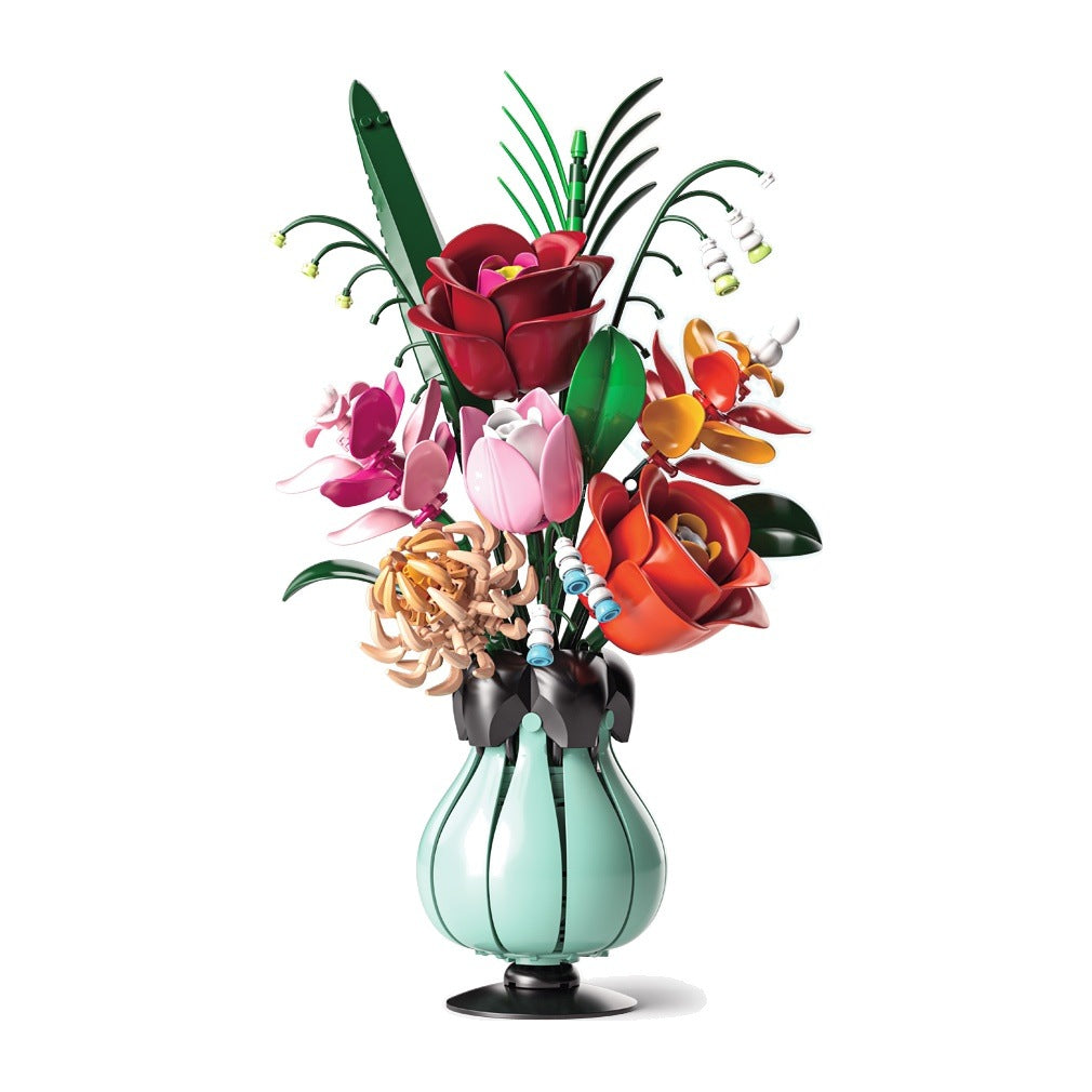 Pandora Bouquet – MJI 13069 botanical building set – assembled bouquet (red/pink roses, orange leaves, chrysanthemum, lotus, bellwort) in mint-green bulb vase, on a white background