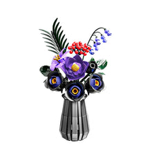 Purple Night Gilded Bouquet – MJI 13038 botanical building set – assembled bouquet (purple/navy flowers, red berries, blue bells) in grey vase, on a white background