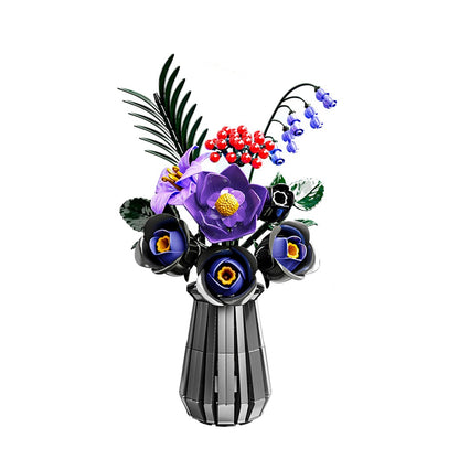 Purple Night Gilded Bouquet – MJI 13038 botanical building set – assembled bouquet (purple/navy flowers, red berries, blue bells) in grey vase, on a white background