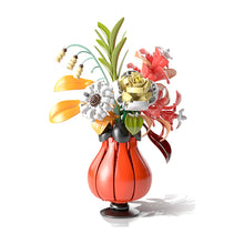 Flourishing Flowers Bouquet – MJI 13068 botanical building set – assembled bouquet (white chrysanthemums, cream roses, orange lilies, bell grass) in orange bulb vase on black foot, on a white background