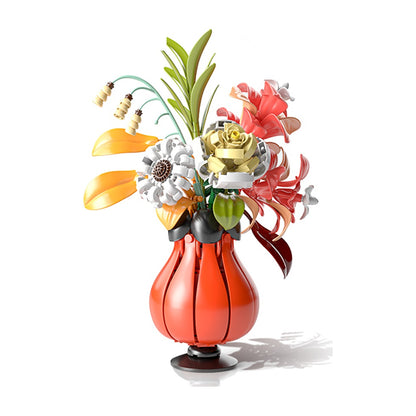 Flourishing Flowers Bouquet – MJI 13068 botanical building set – assembled bouquet (white chrysanthemums, cream roses, orange lilies, bell grass) in orange bulb vase on black foot, on a white background