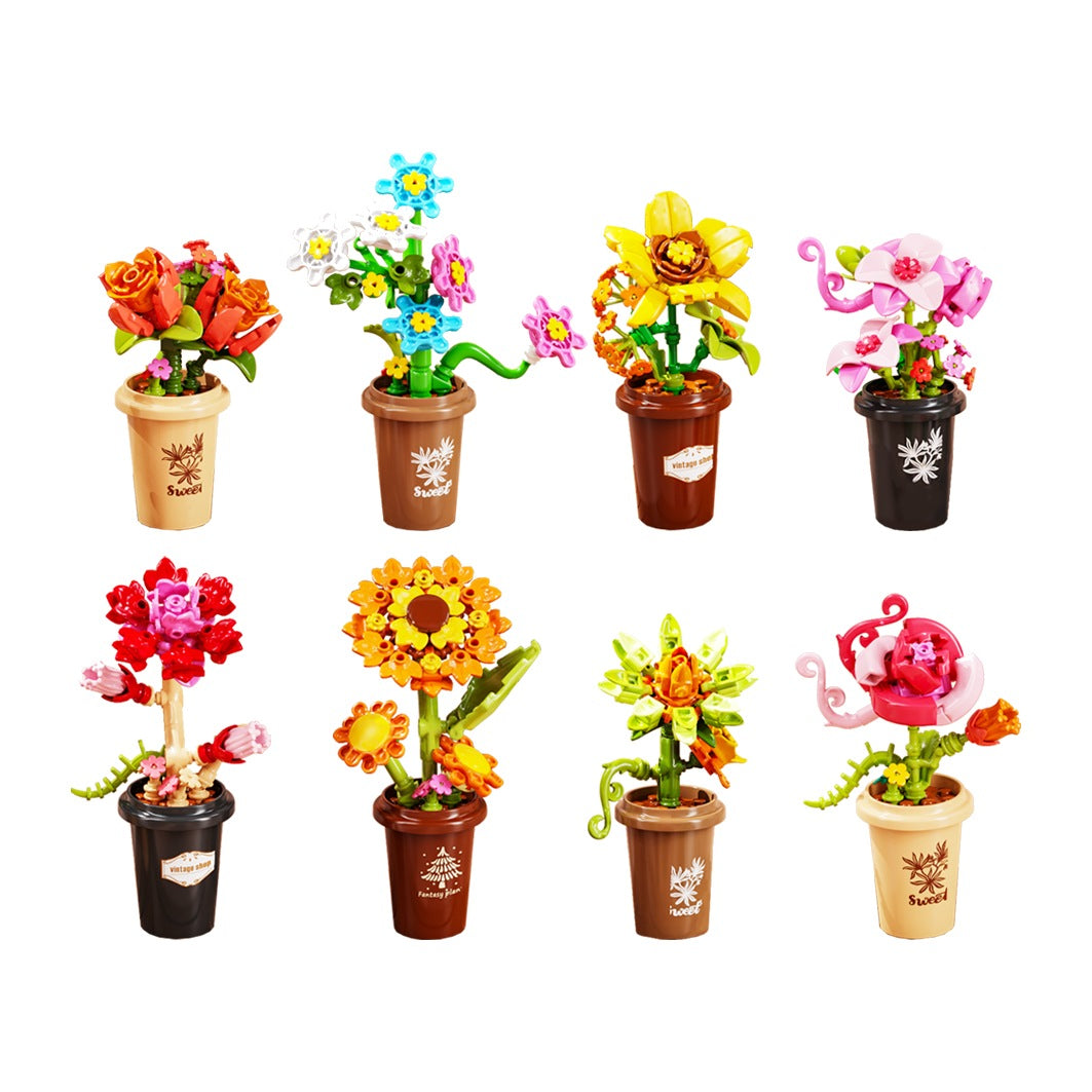 Mini Flower Pots – MJI 13033 botanical building set – all 8 assembled mini flower pots in two rows, on a white background