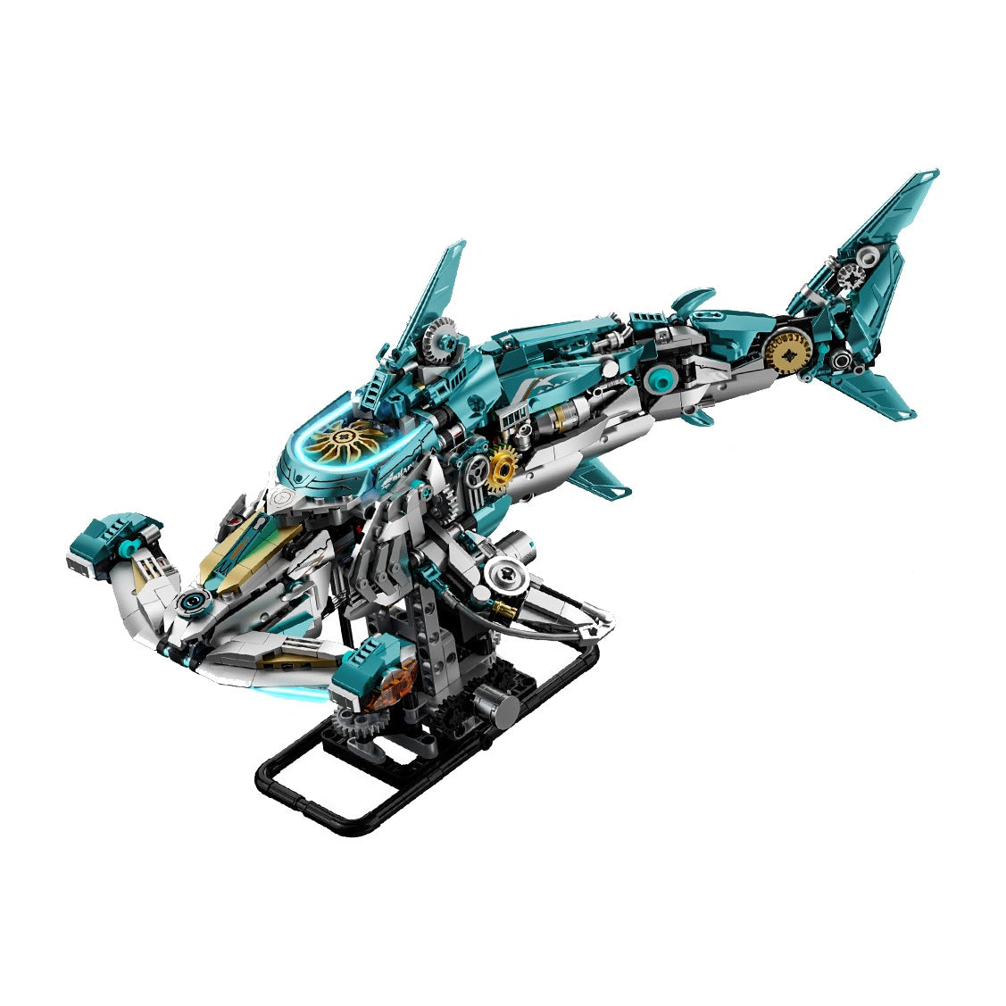 Mechanical Hammerhead Shark – MJI 13154 motorised building set – assembled hammerhead shark on its black crank base on white background