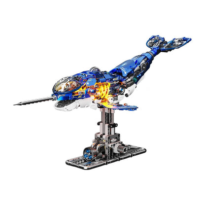 Mechanical Narwhal – MJI 13155 motorised building set – assembled mechanical narwhal on stand on a white background