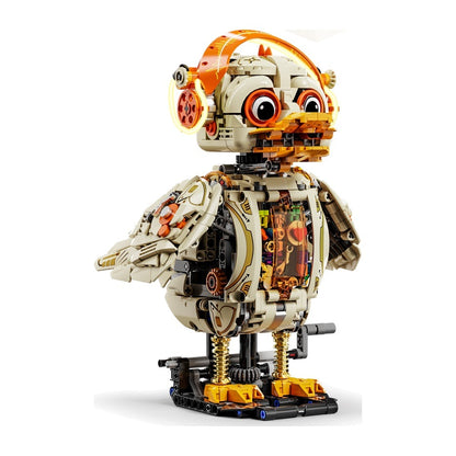 Mechanical Duck – MJI 13103 motorised building set – assembled mechanical duck with orange headphone band on its base, on a white background