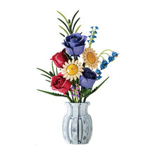 Blue & White Porcelain Bouquet – MJI 13067 botanical building set – assembled bouquet (navy and red roses, daisies, blue bells) in pale blue-and-white porcelain vase on a white background