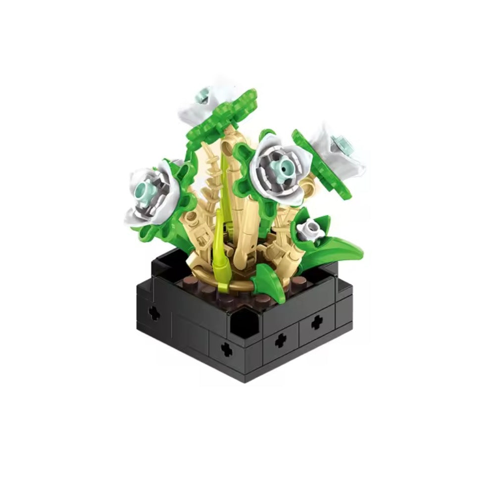 Succulents Assortment A – MJI 13007 botanical building set – example of one of the 8 styles: green and beige succulent with white flowers, on a white background
