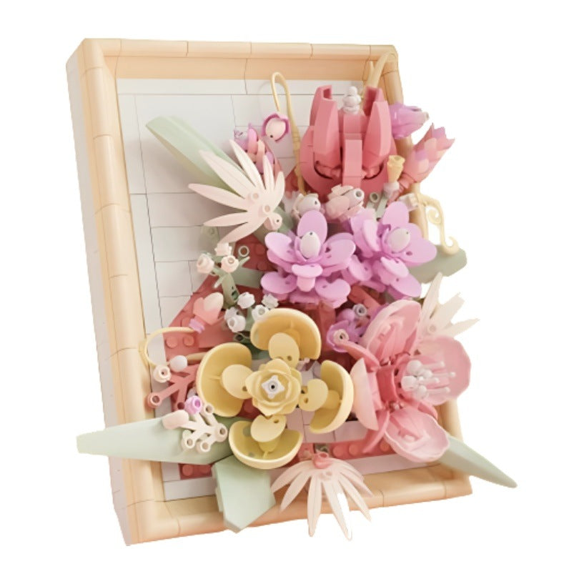 Sunset Crimson Flower Picture Frame – MJI 13062 botanical building set – assembled pink flower picture frame (Sunset Crimson), angled view on a white background