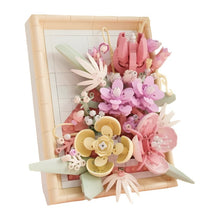Sunset Crimson Flower Picture Frame – MJI 13062 botanical building set – assembled pink flower picture frame (Sunset Crimson), angled view on a white background