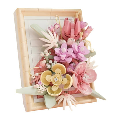 Sunset Crimson Flower Picture Frame – MJI 13062 botanical building set – assembled pink flower picture frame (Sunset Crimson), angled view on a white background