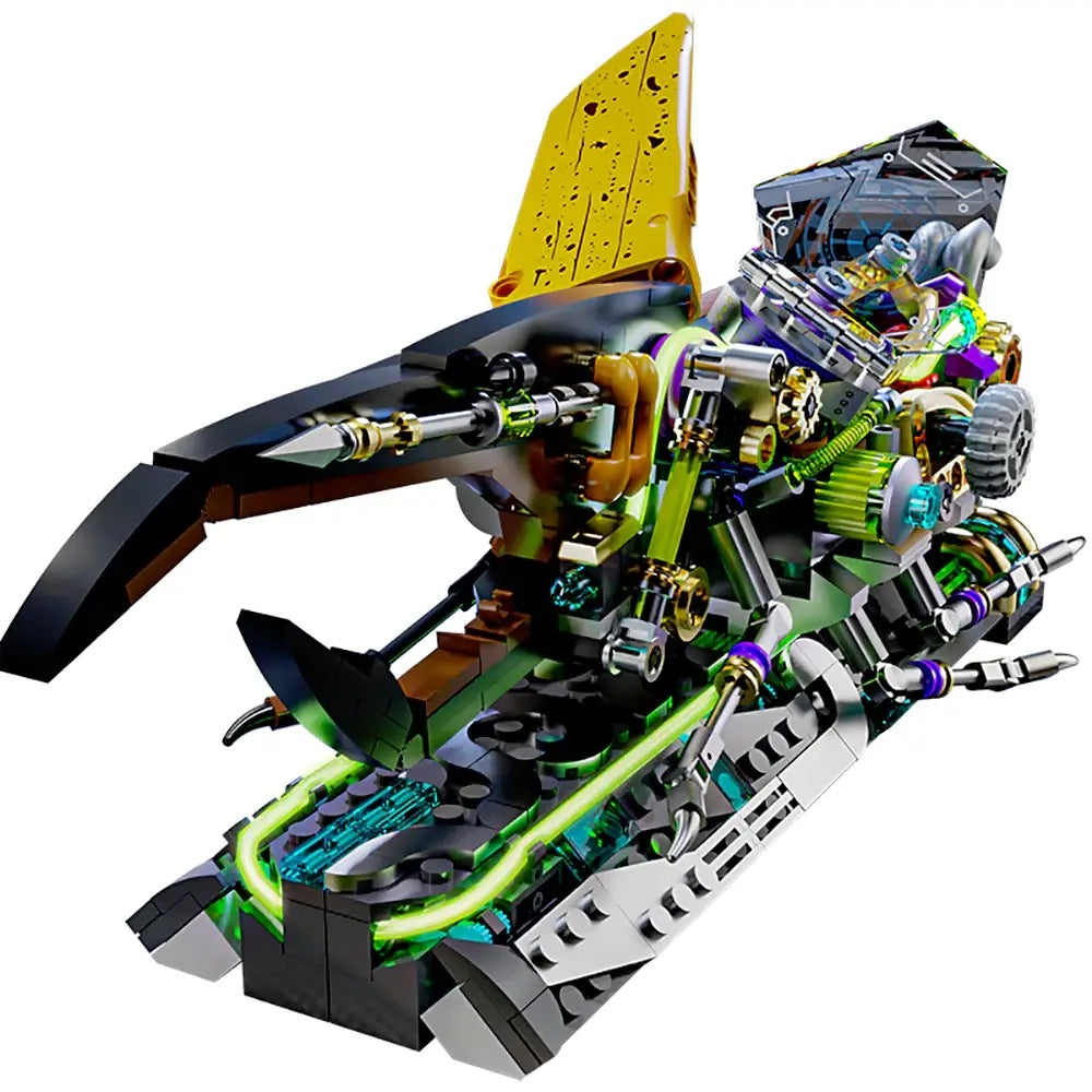 Mechanical Rhinoceros Beetle – MJI 13053 motorised building set – assembled mechanical rhinoceros beetle on its black/grey display base, on a white background