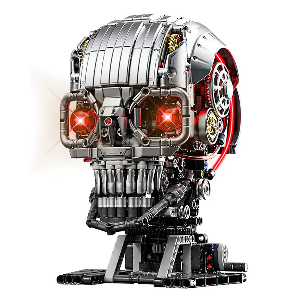 Mechanical Skull – MJI 13089 motorised building set – assembled mechanical skull (chrome, red eyes) on its stand, on a white background