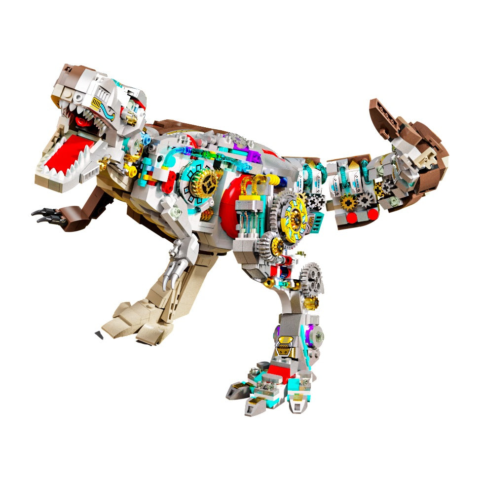 Semi-Mechanical T-Rex – MJI 13050 motorised building set – assembled semi-mechanical T-Rex (half skin, half mechanical side), on a white background