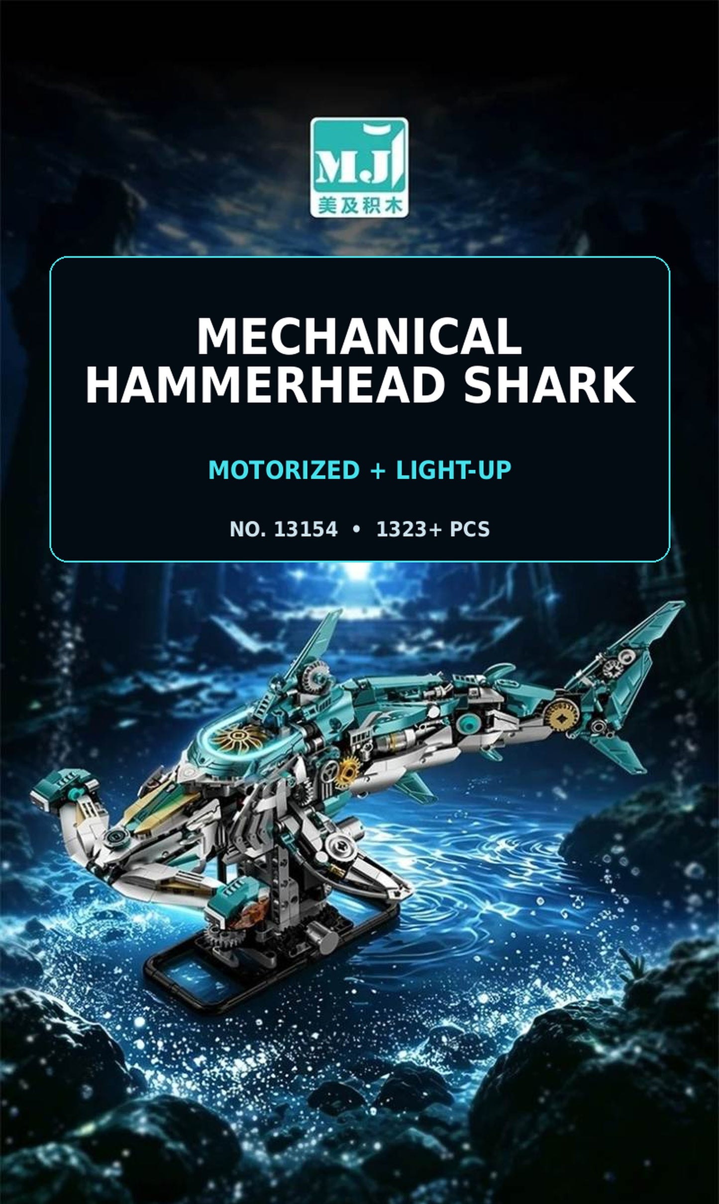 MJI 13154 Mechanical Hammerhead Shark – Motorized Light-Up 1323-Piece Building Set