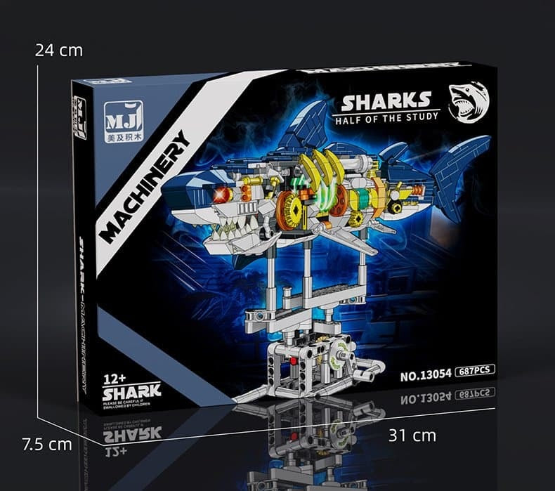 Mechanical Shark – MJI 13054 motorised building set – front of the retail box with box dimensions (31 x 24 x 7.5 cm)